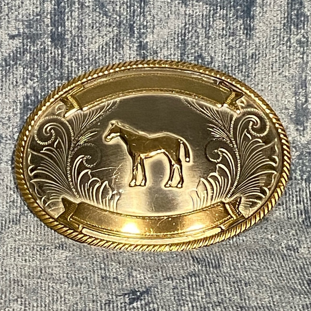 Vintage Old Cowboy One Banner Standing Horse German Silver Western Belt Buckle